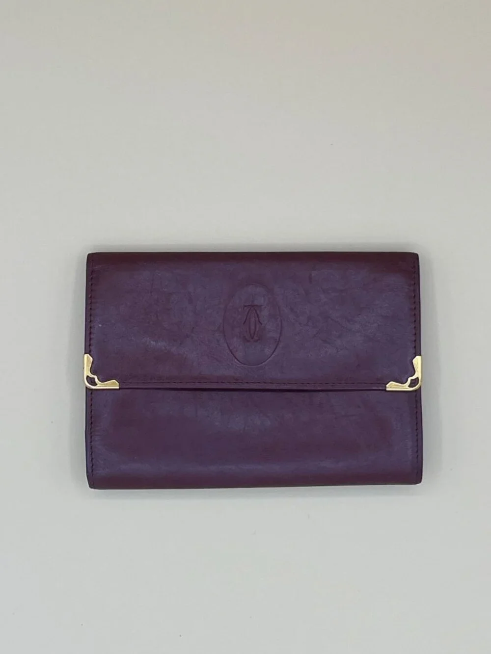 Cartier Paris Vintage Bordeaux Leather Long Trifold Wallet Gold Corners Kisslock